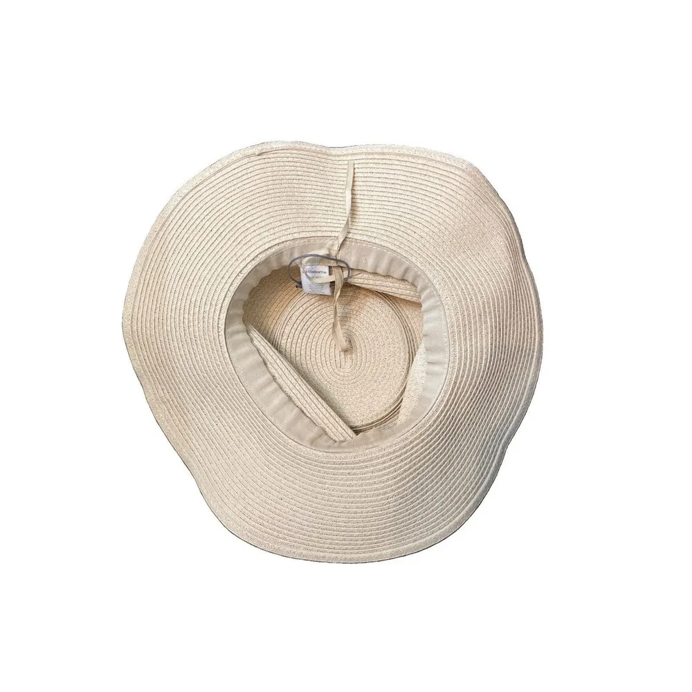 Liz Claiborne Straw Sun Hat Wide Brim Floppy Boho Black Ribbon Tan Beach NWOT